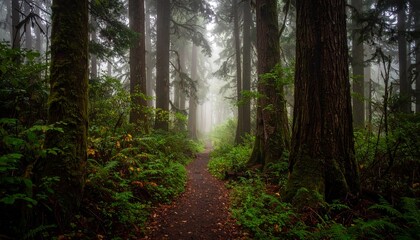 Obraz premium Misty Trail Through Ancient Redwood Forest A Journey into Nature's Embrace