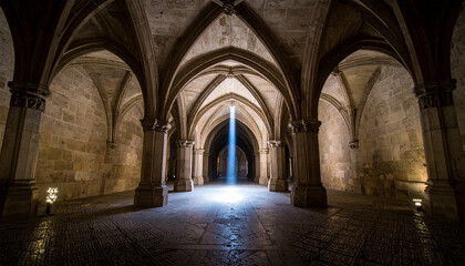 Fototapeta premium The Sacred Hall: A majestic interior shot reveals the timeless grandeur of a cavernous hall. The scene is illuminated by a single beam of divine light descending from the ceiling.