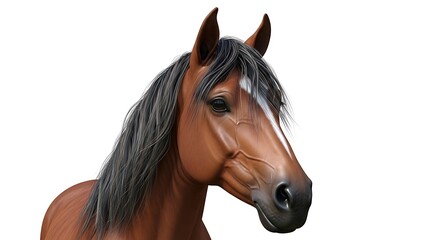 Obraz premium Close-up profile view of a brown horse's head, detailed mane and muzzle, against a plain white background.
