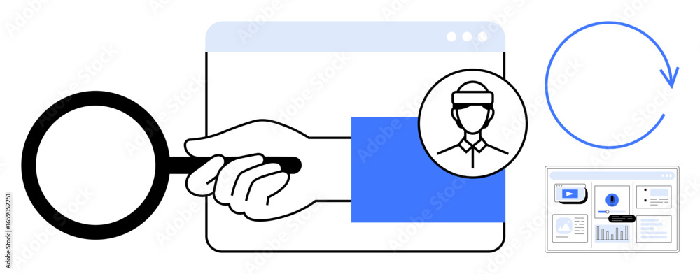 Poster magnifying glass over browser tab, profile icon, cyclic arrow, and dashboard chart. ideal for resear