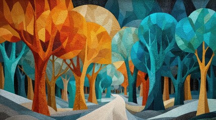 Low-poly path through colorful autumnal forest