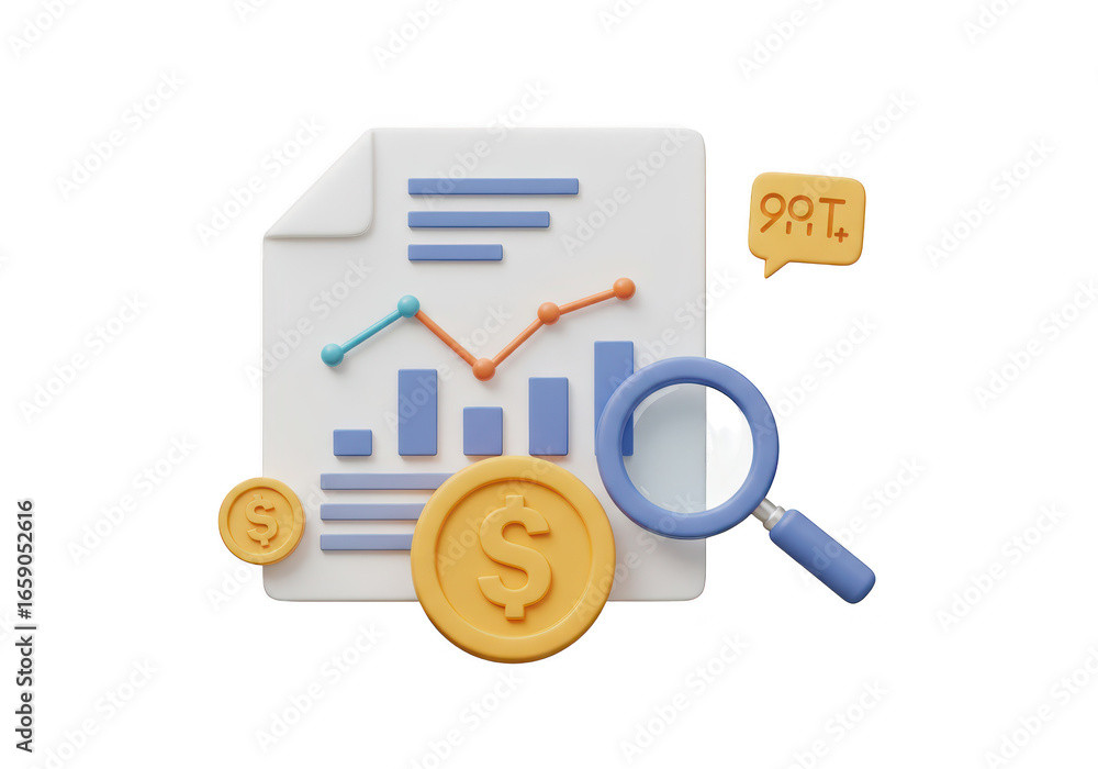 Poster 3d render of a computer screen with financial data, magnifying glass, coin, and speech bubble, isola