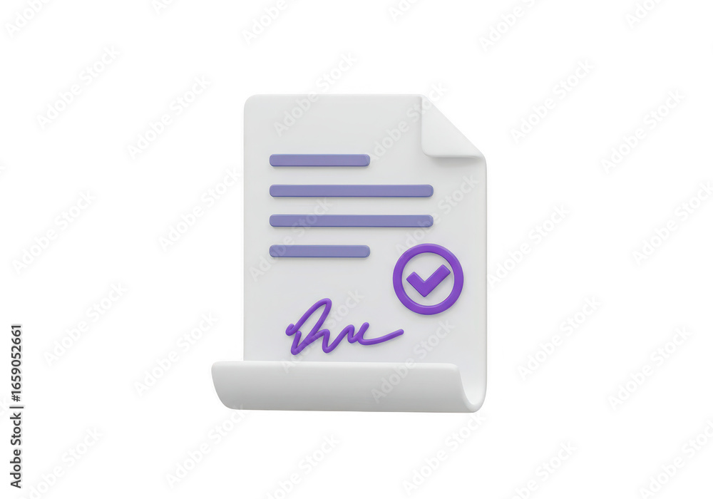 Poster 3d render of a document with a signature and a checkmark, representing agreement, approval, and successful completion, isolated on transparent background