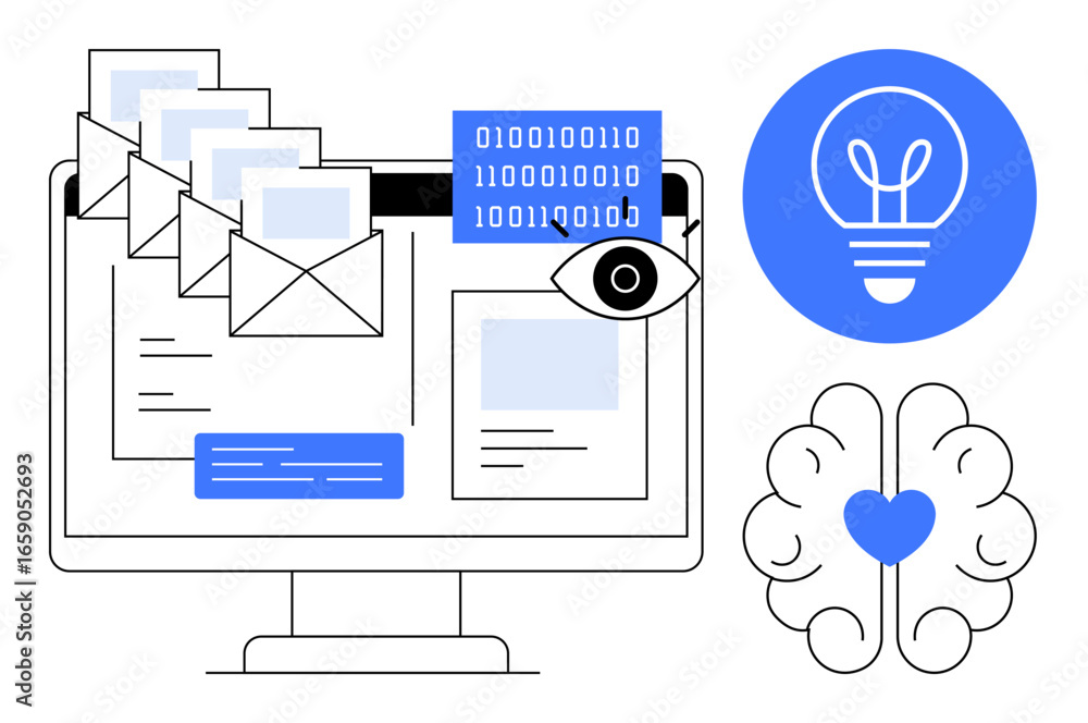 Poster computer screen with emails, binary code, and an eye icon accompanied by a light bulb and brain with