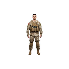 Military soldier in camouflage gear isolated on white, perfect for army, war, defense, and tactical training-related visuals