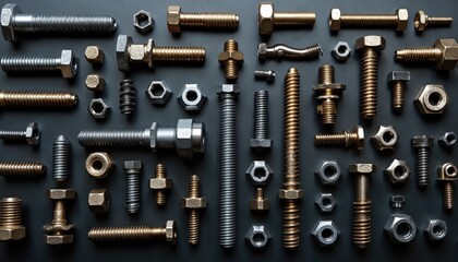 Collection of various industrial hardware components including bolts, nuts, screws, artistically arranged in geometric pattern against dark background. Assortment of metal fasteners, texture,