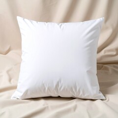 A realistic mockup of a plain white square throw pillow placed on a soft beige fabric 