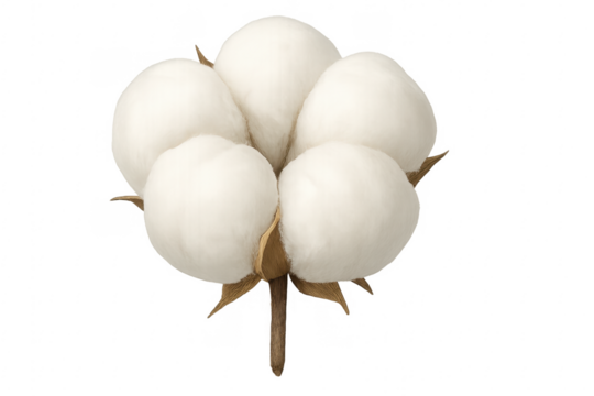 Close-up of cotton plant showing soft white fibers on transparent background