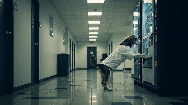 Dog in Shirt Reaches for Vending Machine Snack in Office Hallway Video