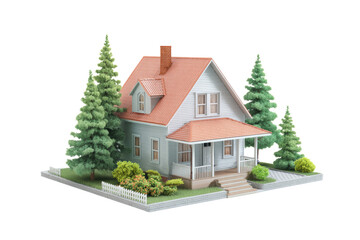 A cozy little house with a white roof and red trim sits in front of a row of evergreen trees. The house has a porch and a small garden in front of it. The trees are tall and green