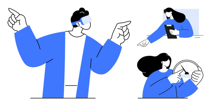 Group of people using VR, analyzing data, and assessing information on meters. Ideal for tech innovation, teamwork, decision-making, collaboration, productivity, business strategy simple landing