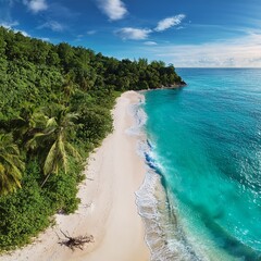 beach with turquoise water and white sand, aerial view 