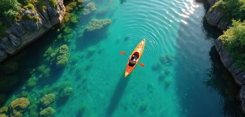 Lone kayaker paddles bright orange kayak through tranquil turquoise lake water. Surrounded by rocky shores with green vegetation. Sunlight reflects on water surface creating ripples. Top-down