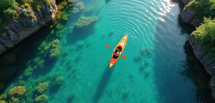 Lone kayaker paddles bright orange kayak through tranquil turquoise lake water. Surrounded by rocky shores with green vegetation. Sunlight reflects on water surface creating ripples. Top-down - Powered by Adobe