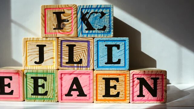 Colorful wooden blocks arranged artistically with shadows, showcasing letters in a bright room
