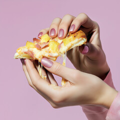 A close up of glossy manicured hands holding a messy