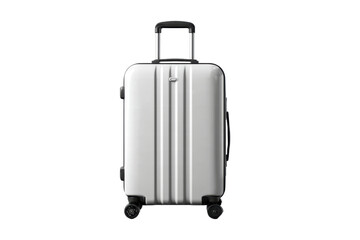 A white suitcase with a black handle sits on a white background. The suitcase is made of metal and has wheels for easy transportation