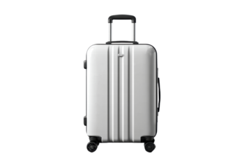 A white suitcase with a black handle sits on a white background. The suitcase is made of metal and has wheels for easy transportation
