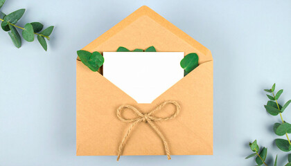 Brown Envelope Greeting: A minimalistic presentation shows an open brown envelope decorated with green leaves and a jute bow. Inside, a clean white space awaits the heartfelt message.