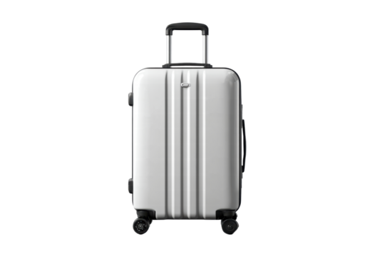 A white suitcase with a black handle sits on a white background. The suitcase is made of metal and has wheels for easy transportation - Powered by Adobe