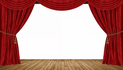 Fototapeta premium Red velvet curtains are parted, revealing a bright white space behind them, with a wooden stage floor in the foreground.