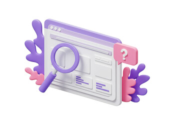 A browser window with a magnifying glass and a question mark bubble, symbolizing online search and inquiry isolated on transparent background