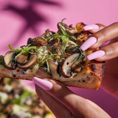 A close up of glossy manicured hands holding a messy