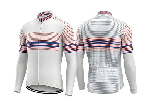 White cycling jersey with red and blue horizontal stripes, long sleeves, front and back view isolated on white background - Powered by Adobe