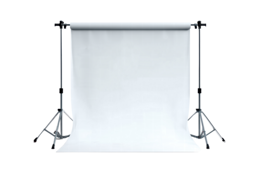 A white backdrop with a stand holding a white sheet. The backdrop is empty and ready for use