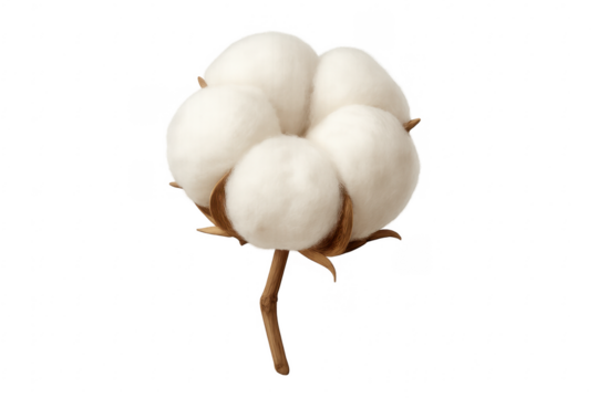 Realistic cotton plant showing soft white fibers on transparent background