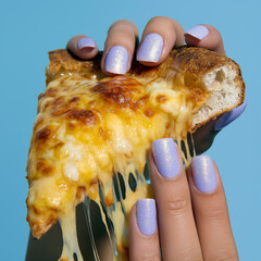 A close up of glossy manicured hands holding a messy