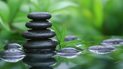 A stack of black stones with a green leaf on top, surrounded by water and greenery.
