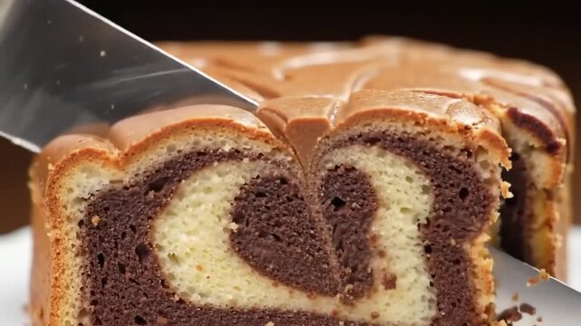 A chocolate and vanilla swirl cake being sliced