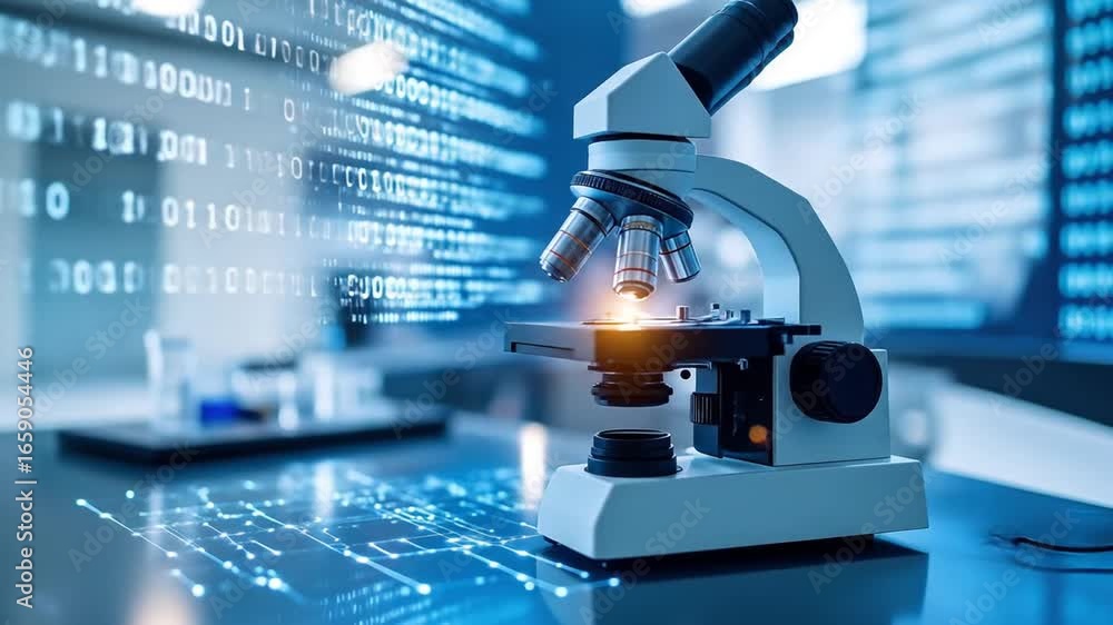 Poster science meets tech modern microscope with digital data in futuristic lab.