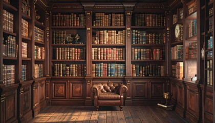 Antique Library with Leather Armchair and Warm Lighting