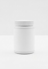 A white cylindrical supplement bottle with a ribbed cap sits centered The background is a white neutral backdrop