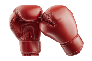 Two red boxing gloves are shown in a close up. The gloves are made of leather and are designed for boxing. The gloves are positioned so that they are facing each other, creating a sense of competition
