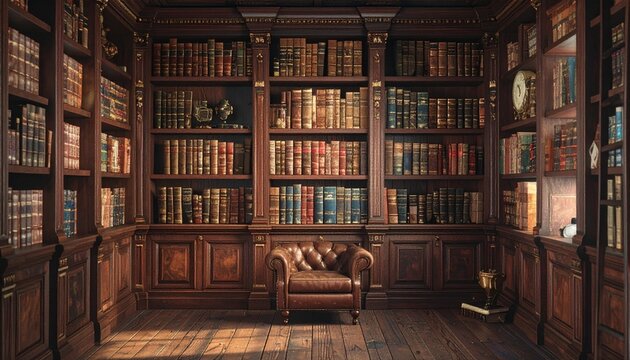 Antique Library with Leather Armchair and Warm Lighting - Powered by Adobe