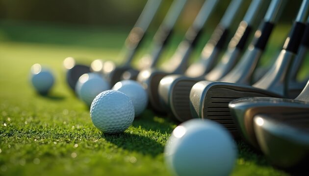 Golf clubs, balls arranged on green grass surface. Equipment ready for play, collection of metal clubs, white balls. Scene perfect for golf enthusiasts, sports photography, content related to