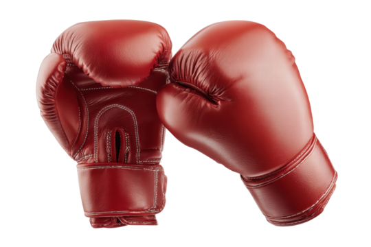 Two red boxing gloves are shown in a close up. The gloves are made of leather and are designed for boxing. The gloves are positioned so that they are facing each other, creating a sense of competition