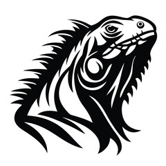 Detailed Black and White Iguana Reptile Head Vector Image with Crest