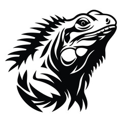 Black and White Tribal Style Iguana Head Illustration on White Background