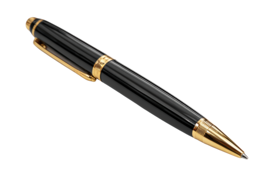 A black pen with gold trim sits on a white background. The pen is sleek and elegant, with a gold band around the barrel. Concept of sophistication and professionalism - Powered by Adobe