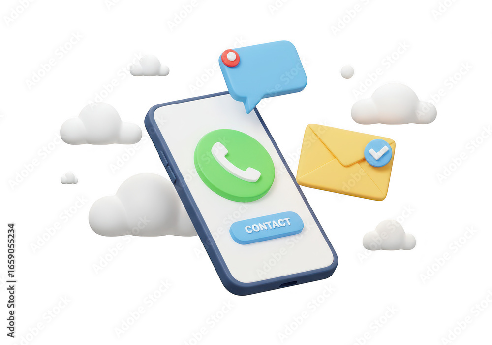 Aufkleber 3d render of a smartphone with a call icon, message bubble, and email envelope, symbolizing communic
