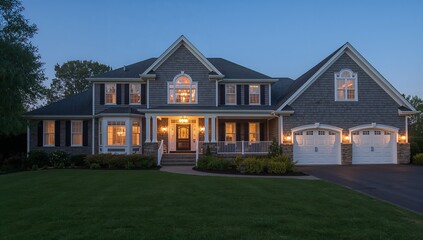 Large gray house with white trim and lit porch at dusk