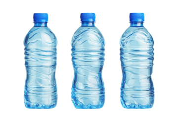Three bottles of water are lined up on a white background. The bottles are all the same size and shape, and they are all blue