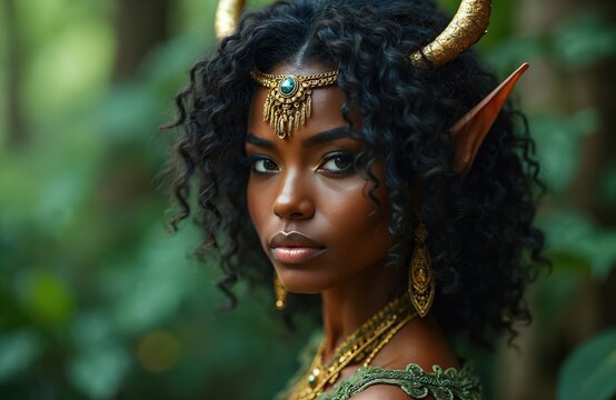 Black elf woman with curly hair, fantasy costume, jewelry in mystical forest. Elegant queen or princess character, dark green, black colors. Warrior folklore, mythology, fairy tale, cosplay.