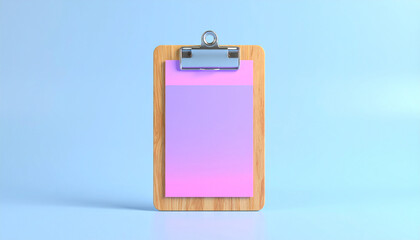 Clipboard with Pastel Pad: A neat wooden clipboard displays a sheet of clean pink paper against a soft blue backdrop. An image depicting simplicity, minimalist aesthetic.