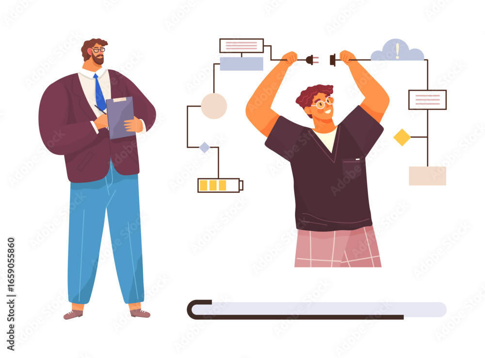 Poster man with clipboard supervising while another fixes flowchart connections by linking cords. ideal for