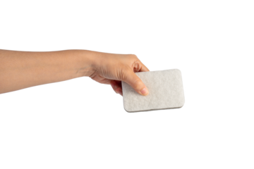 Brush household, cleaning sponge for cleaning and hand on transparent background. 